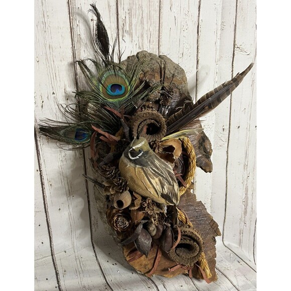 Art Wood Sculpture 3D Wall Plaque Nature Quail Bird Feathers